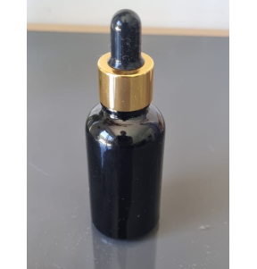 Flacon compte-goutte en verre noire + bouchon doré 30ml