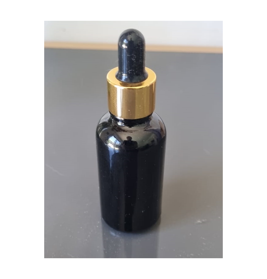Flacon compte-goutte en verre noire + bouchon doré 30ml